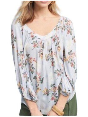Anthropologie‎ Maeve Blue Striped Floral V Neck Top